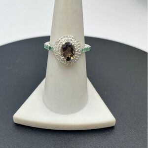 Natural Smoky Quartz Oval Halo Sterling Double Diamond Emerald Band Ring 4.0g